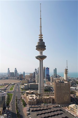 roadway and city - Elevated view of the modern city skyline and central business district with Liberation Tower, Kuwait City, Kuwait, Middle East Stock Photo - Rights-Managed, Code: 841-07653290