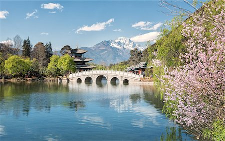 Moon Embracing Pavilion and Suocui Bridge at Black Dragon Pool in Jade Spring Park, Lijiang, Yunnan, China, Asia Photographie de stock - Rights-Managed, Code: 841-07782129