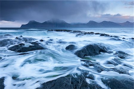 slow shutter - Waves crash against the black basalt rocky shores of Gjogv, Eysturoy, Faroe Islands, Europe Photographie de stock - Rights-Managed, Code: 841-07782468