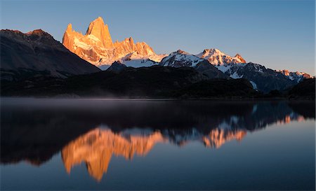 patagonia lakes and mountain ranges - Sunrise over the Fitz Roy Mountain Range, Laguna Capri, Los Glaciares National Park, UNESCO World Heritage Site, Santa Cruz Province, Argentina, South America Stock Photo - Rights-Managed, Code: 841-07801619