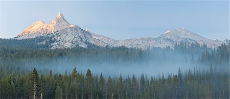 Unicorn Peak mountain above mist shrouded pine forest, Yosemite National Park, UNESCO World Heritage Site, California, United States of America, North America Stock Photo - Rights-Managed, Code: 841-08031459