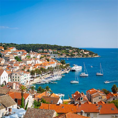 Elevated view over Hvar's picturesque harbour, Stari Grad (Old Town), Hvar, Dalmatia, Croatia, Europe Stock Photo - Rights-Managed, Code: 841-08059398