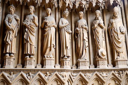 simsearch:841-08240188,k - Portal of the Virgin dating from the 13th century, showing from left to right St. Joachim, St. Joseph, St. Lucia, St. Lawrence, St. Cecilia, St. Jerome and St. Arnold, Metz Cathedral, Metz, Lorraine, France, Europe Stock Photo - Rights-Managed, Code: 841-08059605