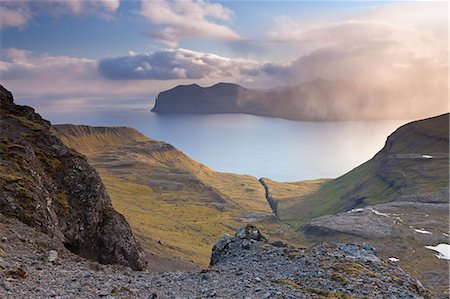 denmark natural beauty faroe - Looking towards the island of Vagar from the mountains of Streymoy in the Faroe Islands, Denmark, Europe Stock Photo - Rights-Managed, Code: 841-08101954