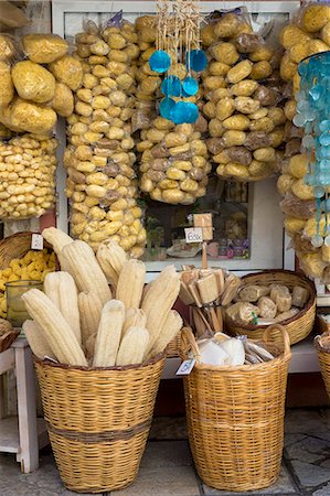 Gifts and souvenir shop selling natural sea sponge products and loofahs in Kerkyra, Corfu Town, Corfu, Greek Islands, Greece, Europe Stock Photo - Rights-Managed, Code: 841-08149598