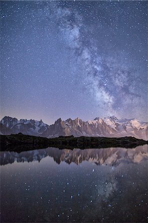 stars night - A sharp Milky Way on a starry night at Lac des Cheserys with Mont Blanc, Europe's highest peak, to the right, Haute Savoie, French Alps, France, Europe Foto de stock - Con derechos protegidos, Código: 841-08211517
