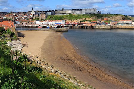 Tate Hill Beach, cliff side wild spring flowers, view to town and West Cliff, Whitby, North Yorkshire, England, United Kingdom, Europe Photographie de stock - Rights-Managed, Code: 841-08220820
