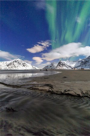Northern Lights (aurora borealis) on Skagsanden sky, Lofoten Islands, Arctic, Norway, Scandinavia, Europe Stock Photo - Rights-Managed, Code: 841-08243974