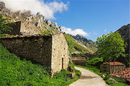 spagna - Old farmhouses near Sotres, Picos de Europa, Parque Nacional de los Picos de Europa, Asturias, Cantabria, Spain, Europe Fotografie stock - Rights-Managed, Codice: 841-08279380