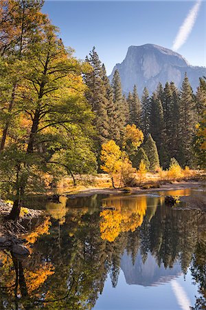Half Dome and the Merced River surrounded by fall foliage, Yosemite National Park, UNESCO World Heritage Site, California, United States of America, North America Stock Photo - Rights-Managed, Code: 841-08279406
