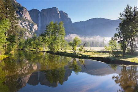 Yosemite Falls and the Merced River at dawn on a misty Spring morning, Yosemite Valley, UNESCO World Heritage Site, California, United States of America, North America Stock Photo - Rights-Managed, Code: 841-08279424