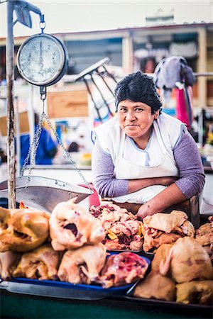 Portrait of Peruvian woman selling meat at San Camilo Market (Mercado San Camilo), Arequipa, Peru, South America Foto de stock - Con derechos protegidos, Código: 841-08357224