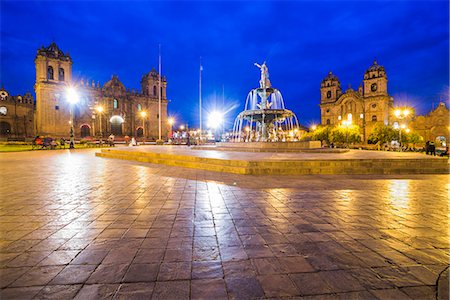 Plaza de Armas Fountain, Cusco Cathedral and Church of the Society of Jesus at night, UNESCO World Heritage Site, Cusco (Cuzco), Cusco Region, Peru, South America Stock Photo - Rights-Managed, Code: 841-08421032