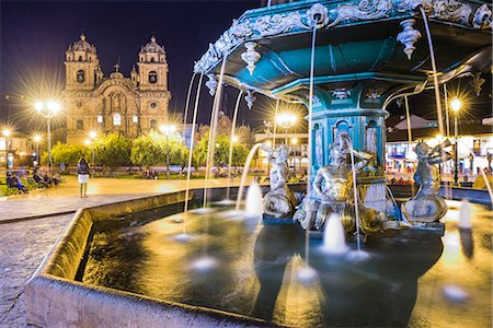 simsearch:841-08421032,k - Plaza de Armas Fountain and Church of the Society of Jesus at night, UNESCO World Heritage Site, Cusco (Cuzco), Cusco Region, Peru, South America Stock Photo - Rights-Managed, Code: 841-08421033