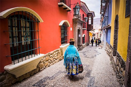 Chollita on Calle Jaen, a colourful colonial cobbled street in La Paz, La Paz Department, Bolivia, South America Stock Photo - Rights-Managed, Code: 841-08421053