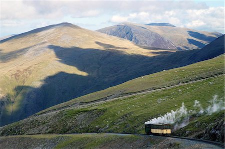 Steam engine and passenger carriage on trip down Snowdon Mountain Railway, Snowdonia National Park, Gwynedd, Wales, United Kingdom, Europe Foto de stock - Con derechos protegidos, Código: 841-08421506