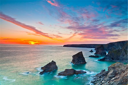 Sunset, Carnewas and Bedruthan Steps, Cornwall, England, United Kingdom, Europe Foto de stock - Direito Controlado, Número: 841-08438627