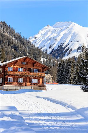 Typical wooden hut framed by woods and snowy peaks, Langwies, district of Plessur, Canton of Graubunden, Swiss Alps, Switzerland, Europe Stockbilder - Lizenzpflichtiges, Bildnummer: 841-08887151