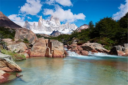 Wide angle long exposure landscape featuring Monte Fitz Roy in the background and clear water river in the foreground, Patagonia, Argentina, South America Stock Photo - Rights-Managed, Code: 841-08887429