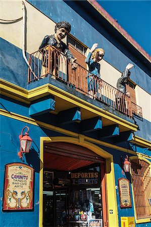 Balcony over bar on El Caminito with statues of Maradona, Evita and Gardel, a tango singer, La Boca, Buenos Aires, Argentina, South America Stock Photo - Rights-Managed, Code: 841-09055458