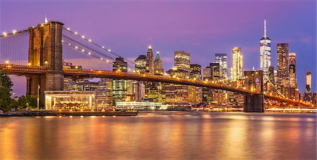 Brooklyn Bridge, East River, panorama, Lower Manhattan skyline, New York skyline, at night, New York City, United States of America, North America Stock Photo - Rights-Managed, Code: 841-09059976