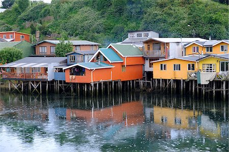 A palafita stilt village in Castro, Chiloe Island, northern Patagonia, Chile, South America Stock Photo - Rights-Managed, Code: 841-09085805