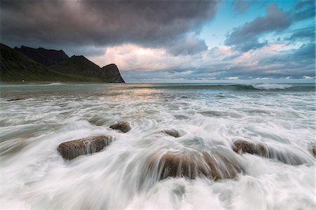 simsearch:841-09076984,k - Lights of midnight sun lights up the waves of the blue sea, Unstad, Vestvagoy, Lofoten Islands, Norway, Scandinavia, Europe Stock Photo - Rights-Managed, Code: 841-09085835