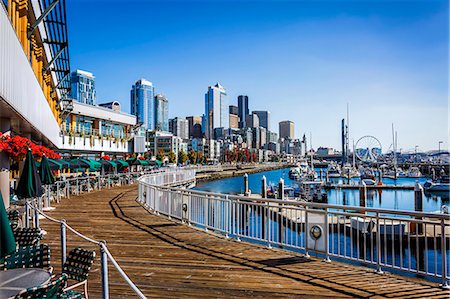 Seattle skyline on sunny day from Bell Harbor Marina, Seattle, Washington State, United States of America, North America Photographie de stock - Rights-Managed, Code: 841-09086259