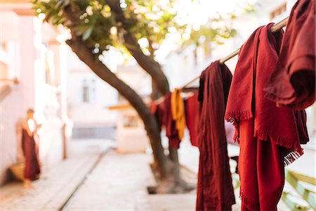 Buddhist monks' robes hanging to dry, Amarapura, Mandalay, Mandalay Region, Myanmar (Burma), Asia Stock Photo - Rights-Managed, Code: 841-09086641