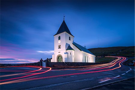 simsearch:841-05782537,k - Lights of car trails at church of Eidi at dusk, Eysturoy Island, Faroe Islands, Denmark, Europe Stock Photo - Rights-Managed, Code: 841-09135198