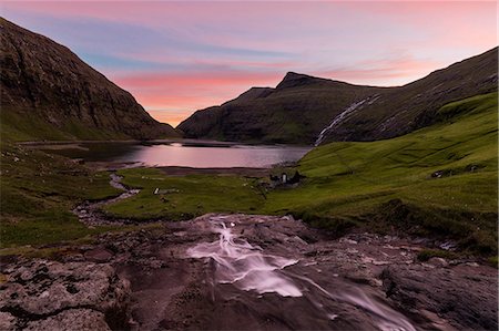 Sunset on lagoon surrounded by mountains, Saksun, Streymoy Island, Faroe Islands, Denmark, Europe Stock Photo - Rights-Managed, Code: 841-09135211