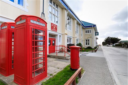 red call box - Post Office, Philatelic Bureau, red telephone boxes and post box, Central Stanley, Port Stanley, Falkland Islands, South America Stock Photo - Rights-Managed, Code: 841-09162996