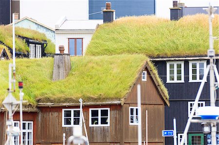 sod roof - Traditional houses with grass roof at the harbour, Torshavn, Streymoy Island, Faroe Islands, Denmark, Europe Stock Photo - Rights-Managed, Code: 841-09163040