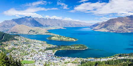 south island new zealand birds eye view - Aerial view of downtown Queenstown town centre, Lake Wakatipu and The Remarkables mountain range, Queenstown, Otago, South Island, New Zealand, Pacific Stock Photo - Rights-Managed, Code: 841-09194500