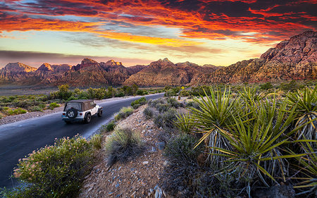 Car driving through The Red Rock Canyon National Recreation Area at sunset, Las Vegas, Nevada, United States of America, North America Stock Photo - Rights-Managed, Code: 841-09204957