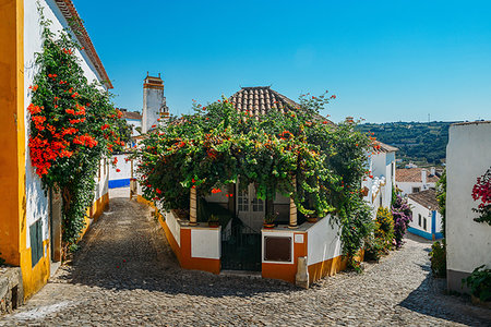 Narrow quaint streets within the ancient fortified village of Obidos, Oeste, Leiria District, Portugal, Europe Stock Photo - Rights-Managed, Code: 841-09229660
