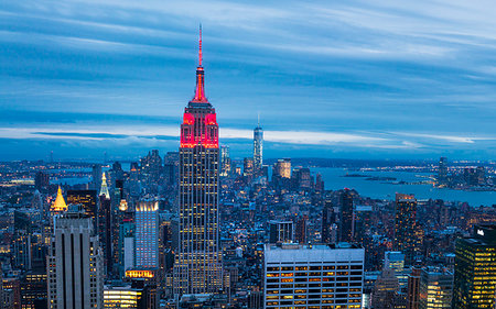 Lower Manhattan skyline from Top of The Rock, Empire State Building at night, New York, United States of America, North America Stock Photo - Rights-Managed, Code: 841-09229680