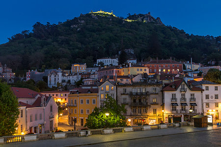 Old town of Sintra with view to the Moorish Castle atop the surrounding hills at dusk, Sintra, Portugal, Europe Stock Photo - Rights-Managed, Code: 841-09229834
