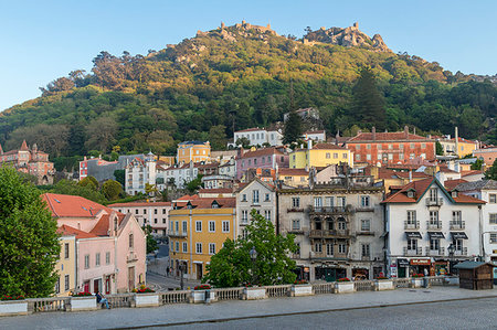 Old town of Sintra with view to the Moorish Castle atop the surrounding hills, Sintra, Portugal, Europe Stock Photo - Rights-Managed, Code: 841-09229833