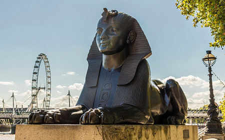 A sphinx on Victoria Embankment, with the London Eye in the background, London, England, United Kingdom, Europe Stock Photo - Rights-Managed, Code: 841-09229851