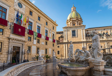 simsearch:841-05848663,k - The Praetorian Fountain (Fontana Pretoria) and San Giuseppe dei Padri Teatini Church, Palermo, Sicily, Italy, Europe Stock Photo - Rights-Managed, Code: 841-09255916