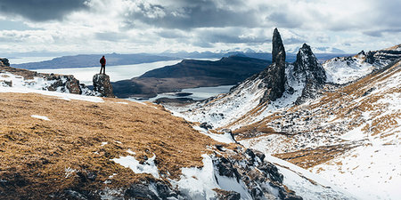 simsearch:6119-09238655,k - Hiker admiring view towards the Old Man of Storr, near Portree, Isle of Skye, Inner Hebrides, Highland, Scotland, United Kingdom, Europe Stock Photo - Rights-Managed, Code: 841-09256691