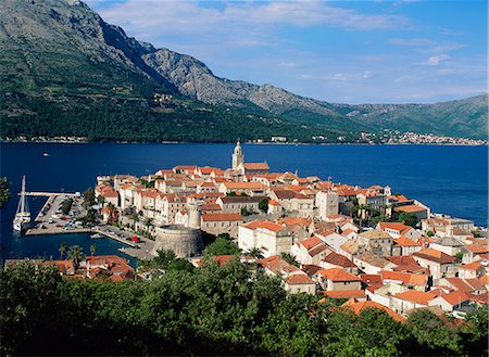 Aerial view of Korcula Old Town, Korcula, Dalmatia, Dalmatian Coast, Croatia, Europe Stock Photo - Rights-Managed, Code: 841-02704364