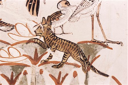 Cat climbing papyrus stem in duck hunting scene, Tomb of Menna, 18th dynasty, Sheikh Abd el-Kurna, Valley of the Nobles, Thebes, UNESCO World Heritage Site, Egypt, North Africa, Africa Stock Photo - Rights-Managed, Code: 841-02704825