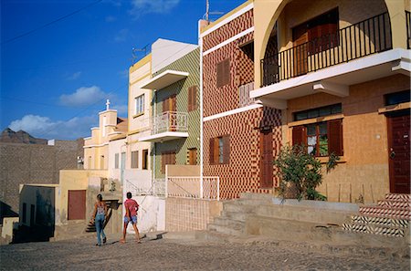 Houses, some decorated with tiles, on a street in Mindelo, on Sao Vicente Island, Republic of Cape Verde Islands, Atlantic, Africa Stock Photo - Rights-Managed, Code: 841-02704991