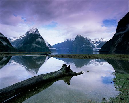 fiordland beauty - Reflections and view across Milford Sound to Mitre Peak, 1629m, Milford Sound, Fiordland, South Island, New Zealand, Pacific Stock Photo - Rights-Managed, Code: 841-02705689