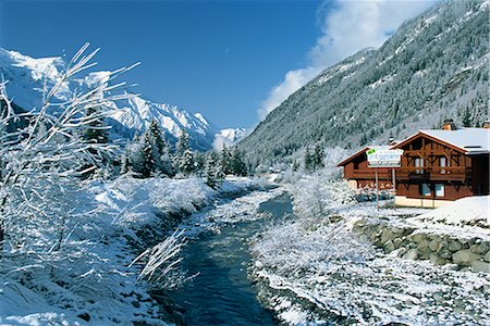 River running past chalets in the Les Grands Montets area, near Chamonix and Argentiere, Rhone Alpes, France, Europe Stock Photo - Rights-Managed, Code: 841-02706013