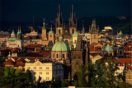 Aerial view of skyline of the Stare Mesto district including Tyn Church, Charles Bridge and Town Hall in the city of Prague, Czech Republic, Europe Stock Photo - Rights-Managed, Code: 841-02706175