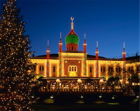 european capital cities at christmas - Illuminated Christmas tree and the Pavilion at dusk, Tivoli Gardens, Copenhagen, Denmark, Scandinavia, Europe Stock Photo - Rights-Managed, Code: 841-02707761
