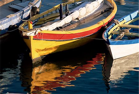 Colourful boats reflected in the water of the harbour, Sete, Herault, Languedoc-Roussillon, France, Europe Stock Photo - Rights-Managed, Code: 841-02708800